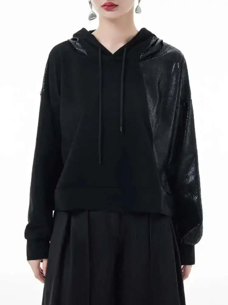 Black Spliced Casual Cool Sweatshirt New Hooded Long Sleeve Women Big Size Fashion Tide Spring Autumn 2025 1DH3873
