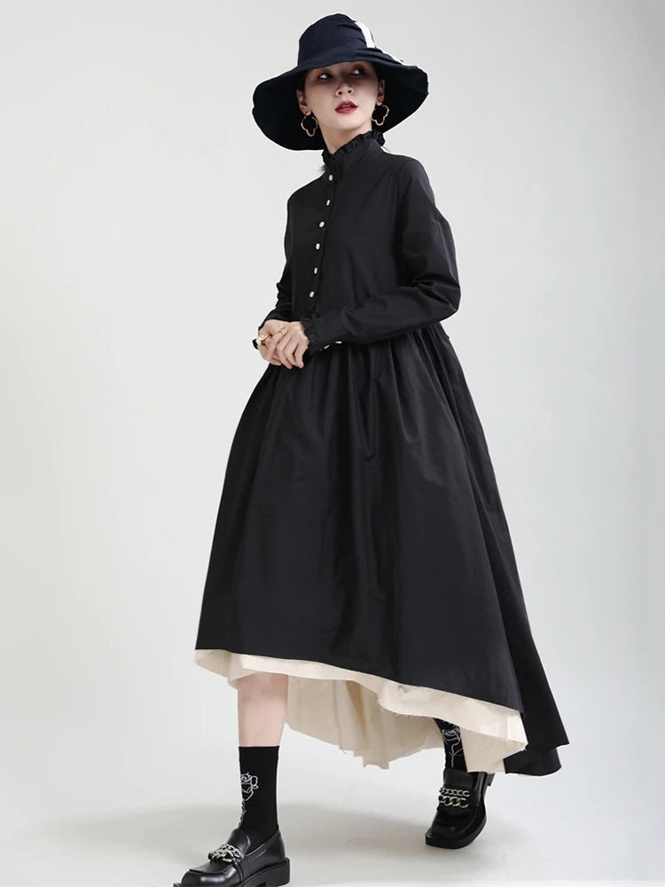 Women Black Layers Irregular Long Elegant Dress New Stand Collar Long Sleeve Fashion Tide Spring Autumn 2025 1DH9894