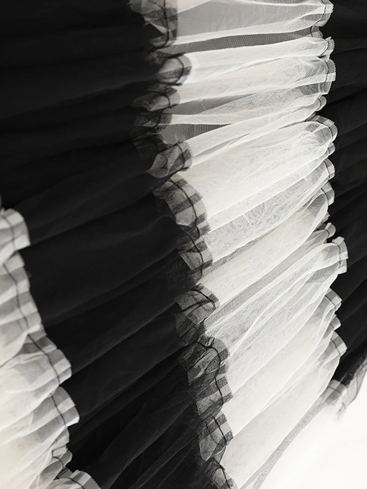 High Elastic Waist Black  White Mesh Color-block A-line Half-body Skirt Women Fashion Tide New Spring Autumn 2025 1DJ1077