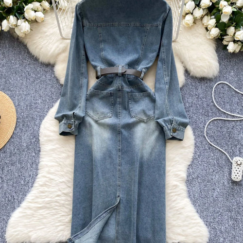 Load image into Gallery viewer, Autumn Retro Blue Long Sleeves Single Breasted Denim Long Dress Korean Fashion Women Slim High Waist A-line Jeans Dresses Simple
