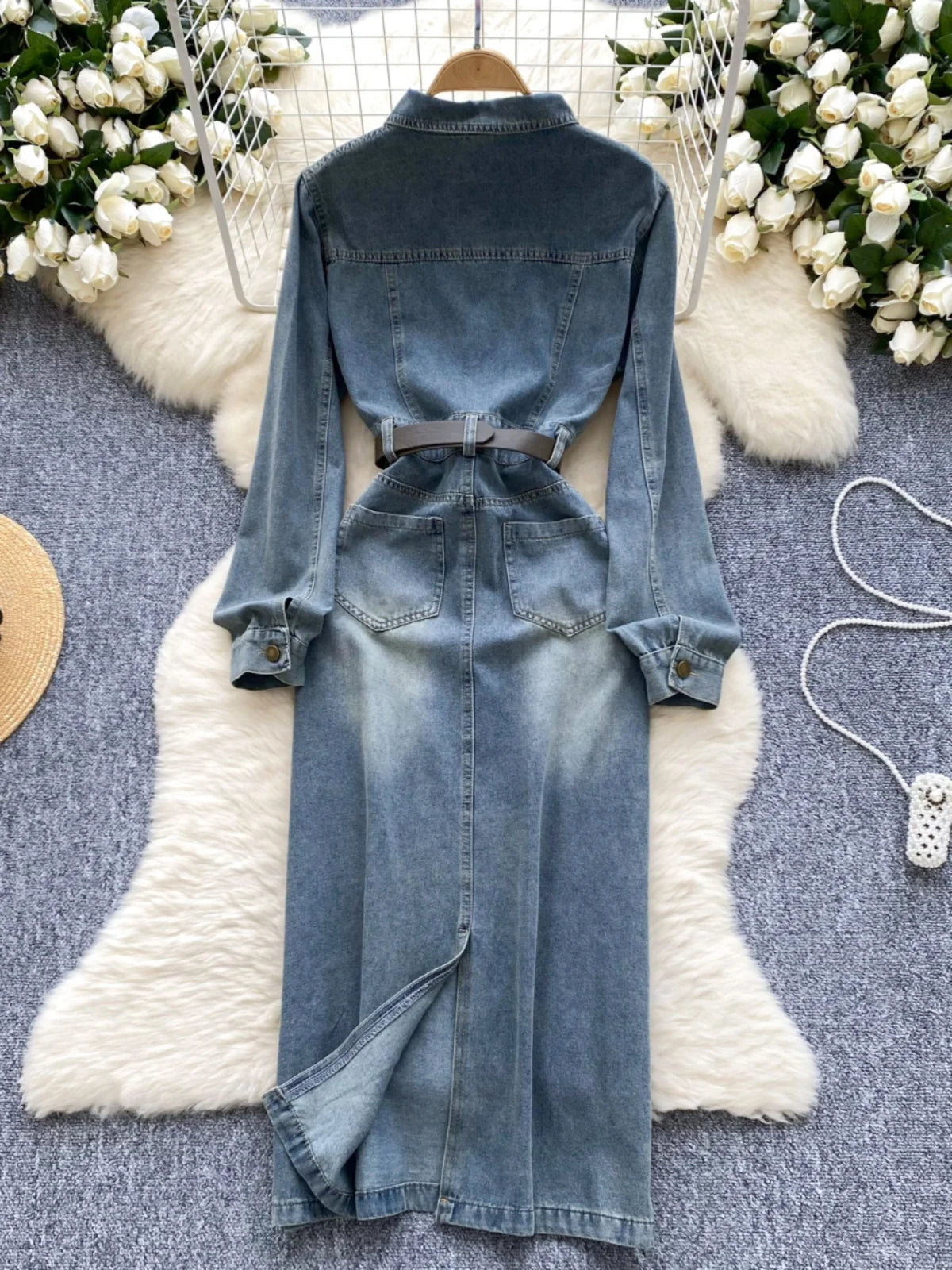 Autumn Retro Blue Long Sleeves Single Breasted Denim Long Dress Korean Fashion Women Slim High Waist A-line Jeans Dresses Simple