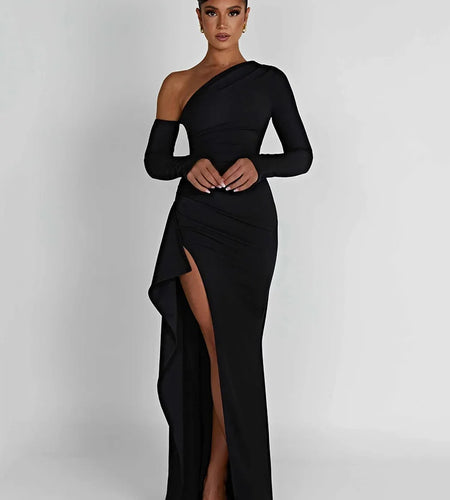 Oblique Shoulder Thigh High Split Maxi Dress Women Long Sleeve Backless Bodycon Sexy Club Party Long Dress Vestidos