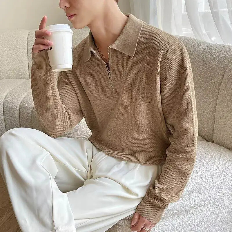 Men's Half Zip Sweater New Trendy Men's Spring Autumn Korean Style Casual Turn-down Collar Solid Color Sweaters 9W1216