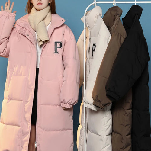 Load image into Gallery viewer, Casual P Letter Print Cotton Jackets Women Bread Coat Female Korean Parkas Loose Brown White Jacket Woman Medium Length
