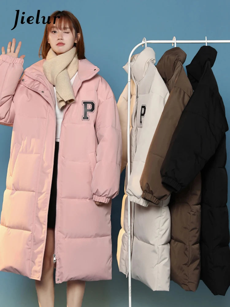 Casual P Letter Print Cotton Jackets Women Bread Coat Female Korean Parkas Loose Brown White Jacket Woman Medium Length