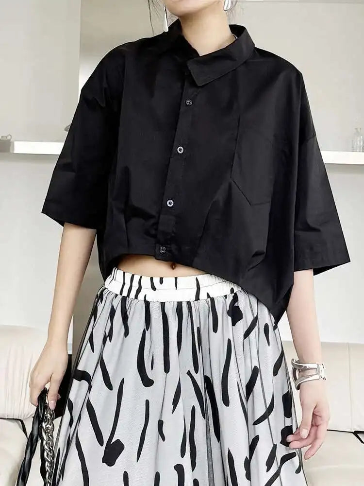 Women Black Brief Big Size Short Casual Blouse New Lapel Half Sleeve Shirt Fashion Tide Spring Summer 2025 1DH5843