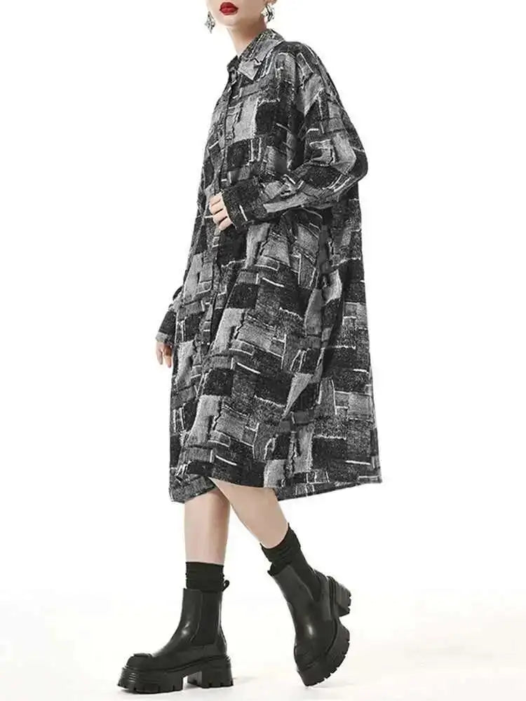 Women Black Pattern Printed Pocket Big Size Midi Shirt Dress New Lapel Long Sleeve Fashion Tide Spring Autumn 2025 1DH4102