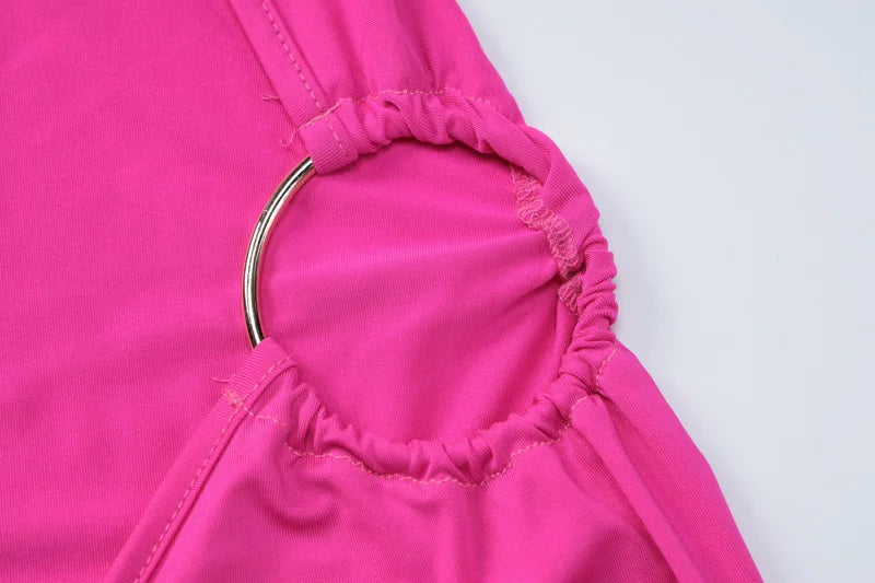 Backl Strap Halter Backless Sexy Mini Dress For Women New Fashion Metal Ring Sleeveless Pleated Bodycon Party Dress