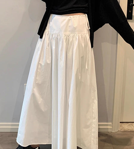 Solid Loose Spliced Folds Casual Skirts for Women High Waist Patchwork Lace Up Minimalist Skirt Female Clothing New