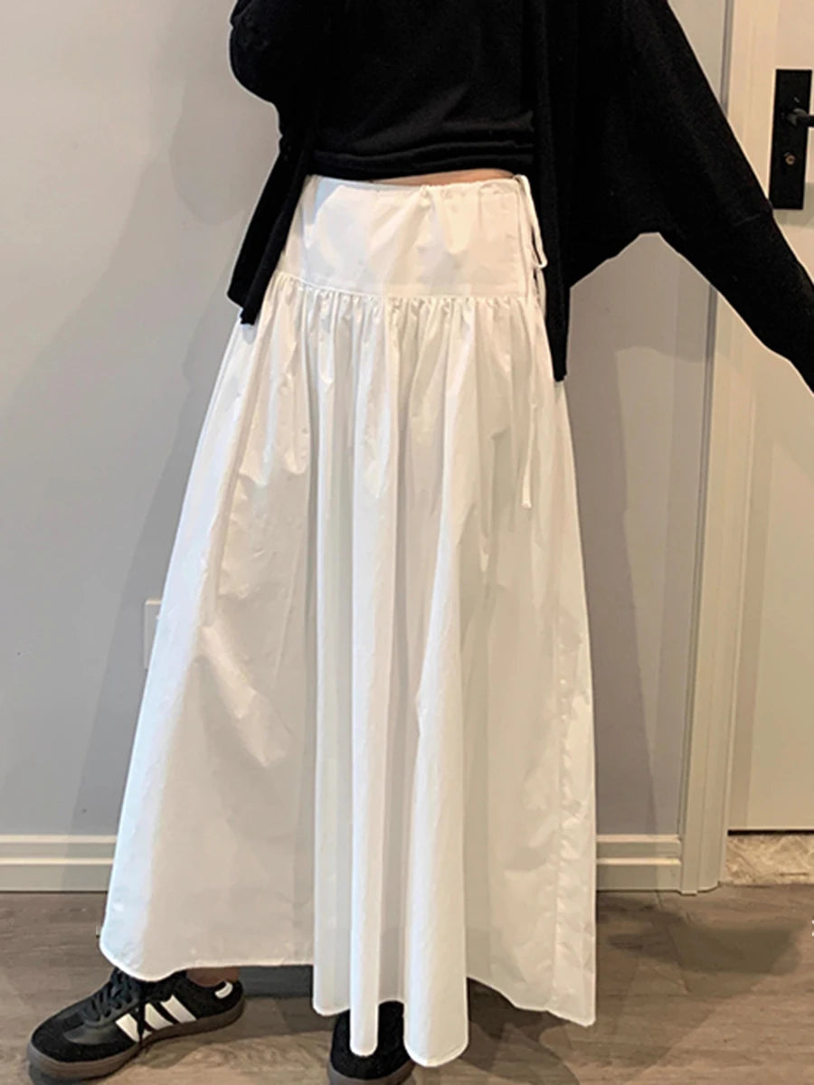 Solid Loose Spliced Folds Casual Skirts for Women High Waist Patchwork Lace Up Minimalist Skirt Female Clothing New