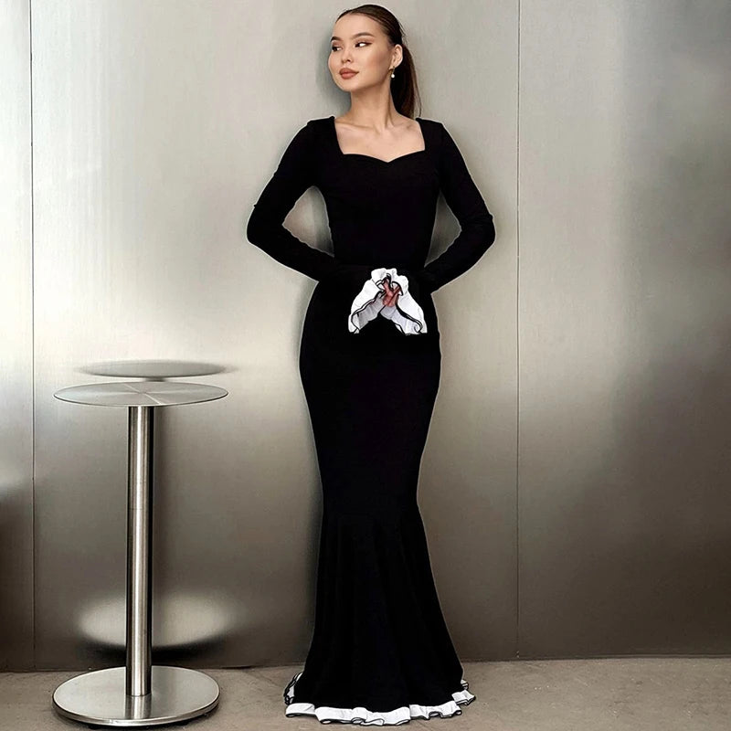 Flare Sleeve Sexy Bodycon Elegant Long Sleeve Maxi Dress Women High Waist Square Collar Evening Dress Female Clothes