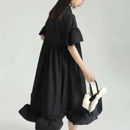 Load image into Gallery viewer, Women White Pleated Hem Ruffles Big Size Shirt Dress New Lapel Short Sleeve Loose Fit Fashion Spring Summer 2025 1DF7190
