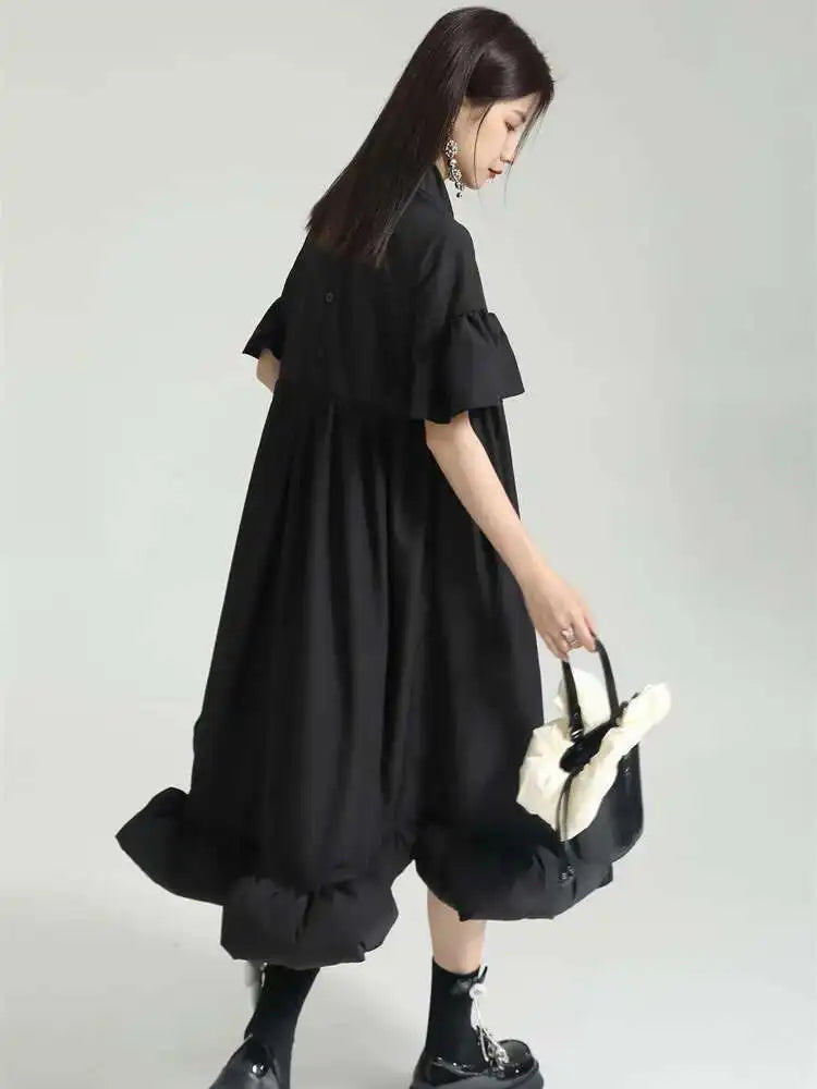 Women White Pleated Hem Ruffles Big Size Shirt Dress New Lapel Short Sleeve Loose Fit Fashion Spring Summer 2025 1DF7190