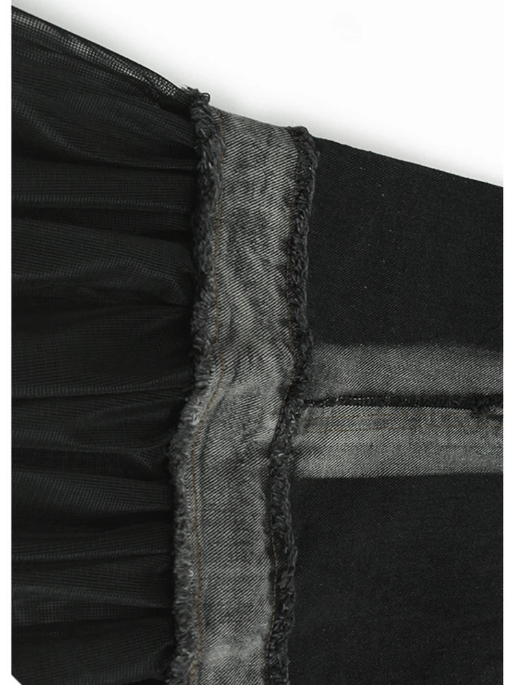 Women Black Denim Burr Mesh Spliced Big Size Vest Dress New Lapel Sleeveless Fashion Tide Spring Autumn 2025   1DJ1352