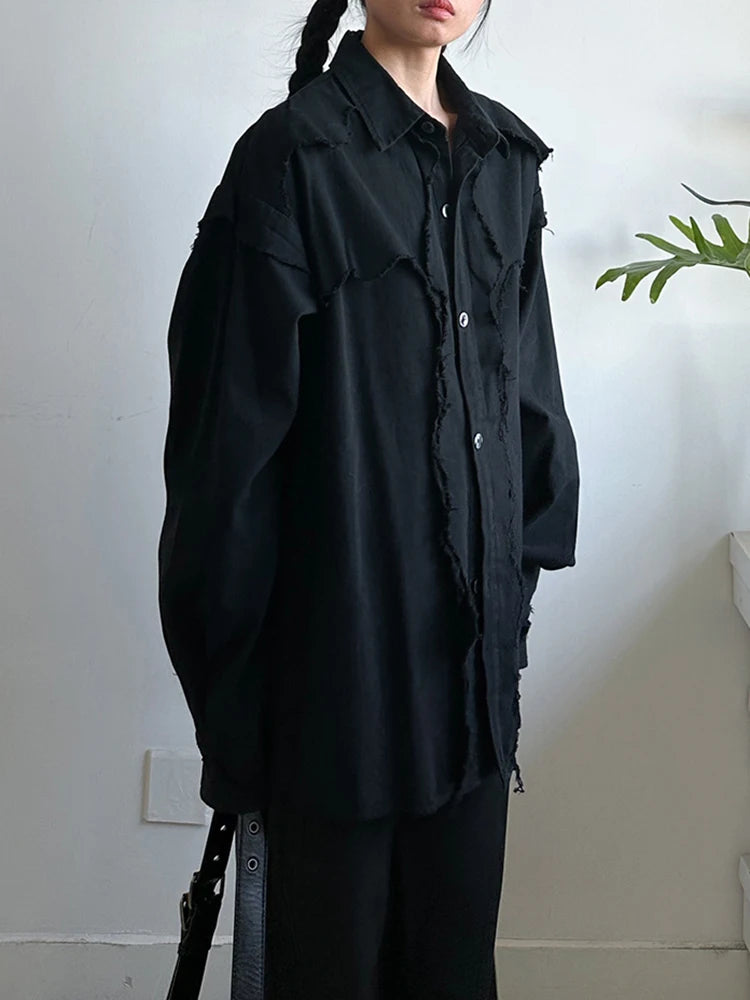 Women Black Burr Irregular Spliced Big Size Blouse New Lapel Long Sleeve Shirt Fashion Tide Spring Autumn 2025 1DH9561