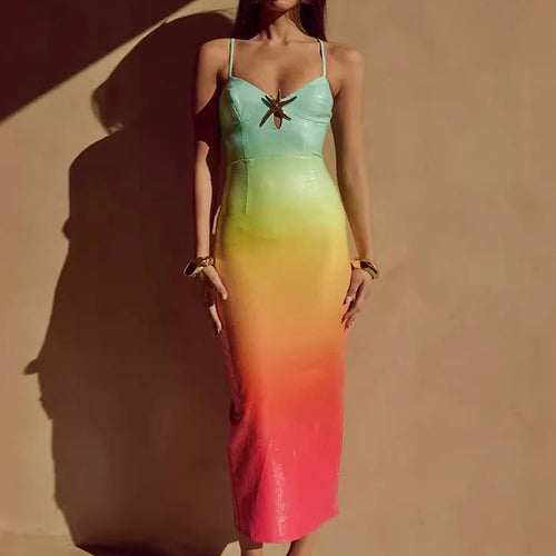 Load image into Gallery viewer, Sequins Spaghetti Strap Gradient Sexy Maxi Dress For Women Fashion Sleeveless Backless Split Sparkle Club Party Dress
