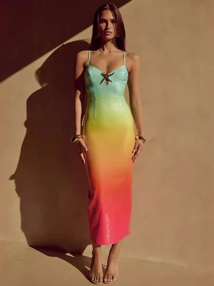 Sequins Spaghetti Strap Gradient Sexy Maxi Dress For Women Fashion Sleeveless Backless Split Sparkle Club Party Dress