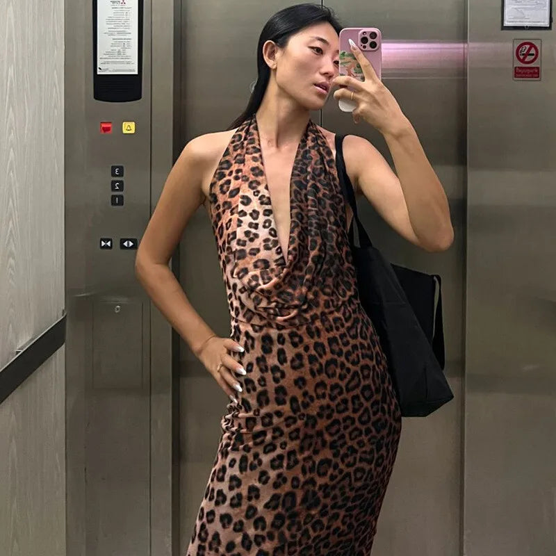 Leopard Print Backless Sexy Maxi Dress For Women Gown Fashion Halter Strapless Sleeveless Bodycon Printed Long Dress