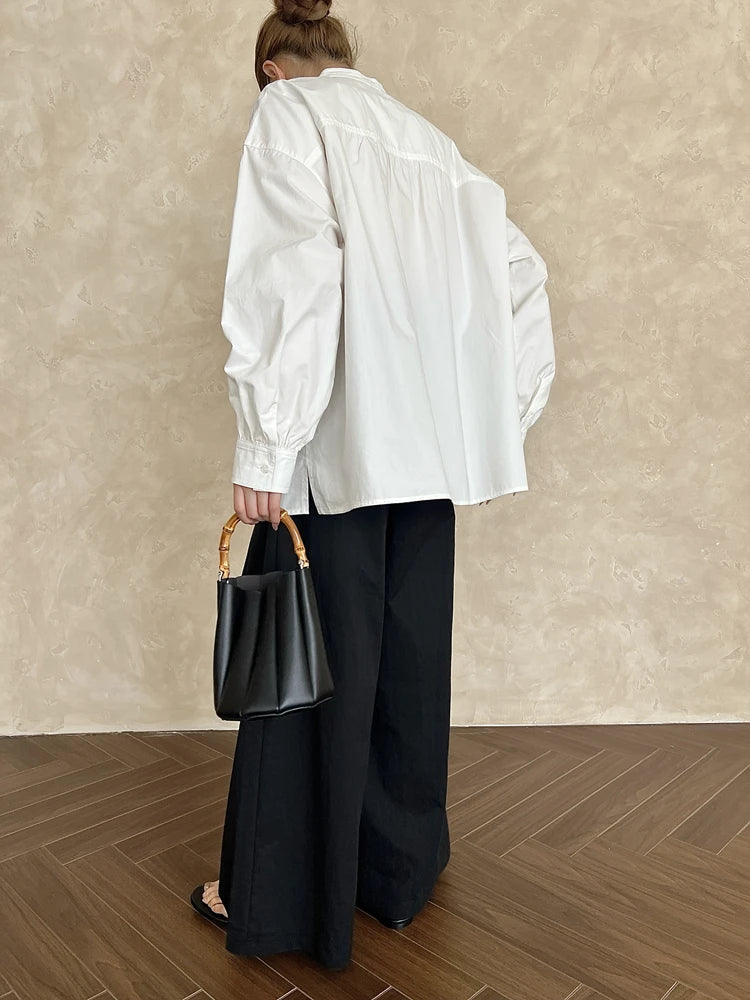 Women White Elegant Big Size Blouse New Stand Collar Long Lantern Sleeve Shirt Fashion Tide Spring Autumn 2025 1DH9280