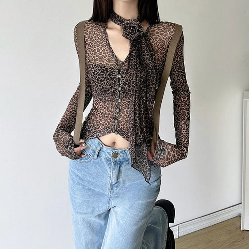 Load image into Gallery viewer, Leopard Tops Women Grunge Clothes See Through V Neck Long Sleeve Button T Shirts with Scarf y2k Clothing Streetwear
