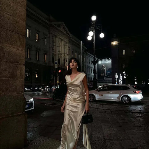 Load image into Gallery viewer, Satin Backless Sexy Maxi Dress For Women Elegant Rose Thigh High Split Beach Holiday Long Dress Gorgeous Club Gown
