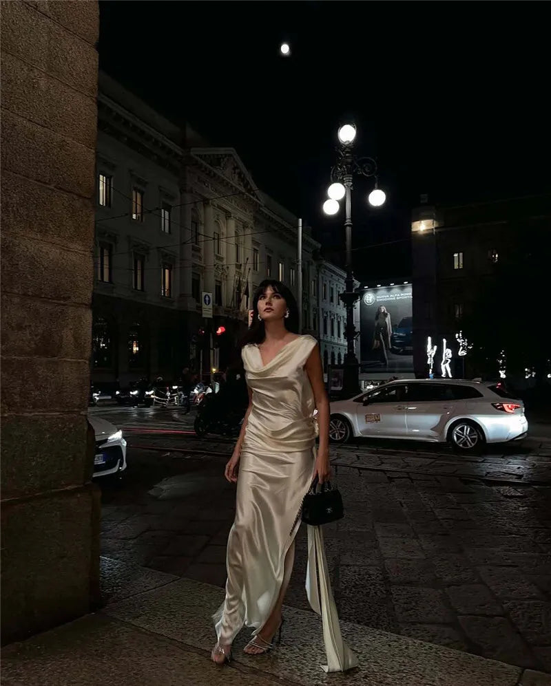 Satin Backless Sexy Maxi Dress For Women Elegant Rose Thigh High Split Beach Holiday Long Dress Gorgeous Club Gown