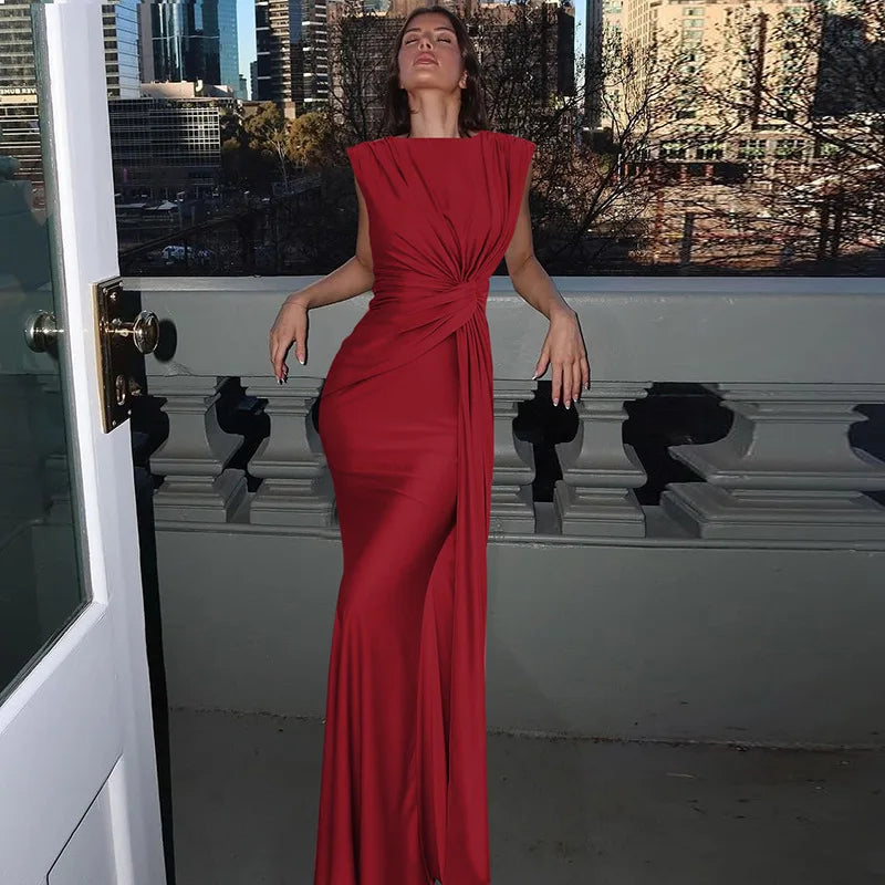 Sleeveless Ruched Sexy Maxi Dress For Women Gown Fashion Solid O Neck High Waist Bodycon Club Long Dress Vestido