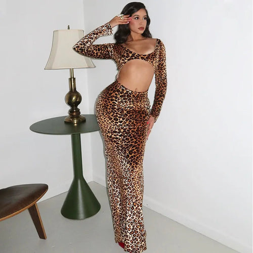 Load image into Gallery viewer, Leopard Print Long Sleeve Sexy Maxi Dress For Women Fashion Hollow Out Bodycon Printed Sexy Long Dress Elegant
