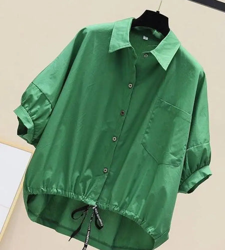 Summer New Bat Sleeve Pockets Shirt Women Loose Casual Short Sleeve Blouse Solid Lace Up Tops Half Shirts Lady High Street Trend