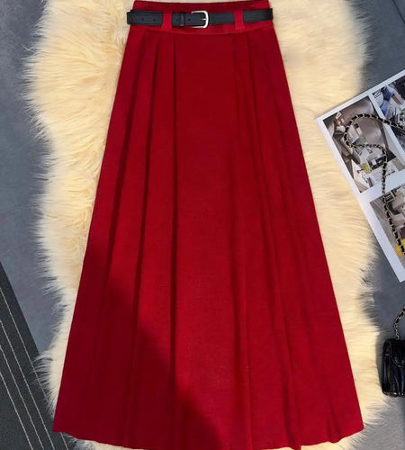 Korean Fashion Vintage Women Solid Elegant High Waist Party Long Skirts 2024 Autumn Winter A-line Pleated Knit Skirt Streetwear
