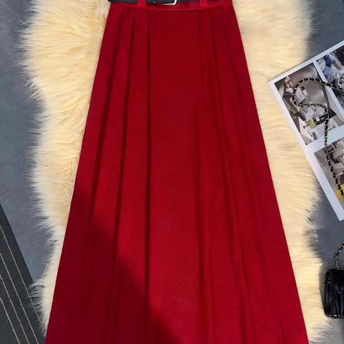 Load image into Gallery viewer, Korean Fashion Vintage Women Solid Elegant High Waist Party Long Skirts 2024 Autumn Winter A-line Pleated Knit Skirt Streetwear
