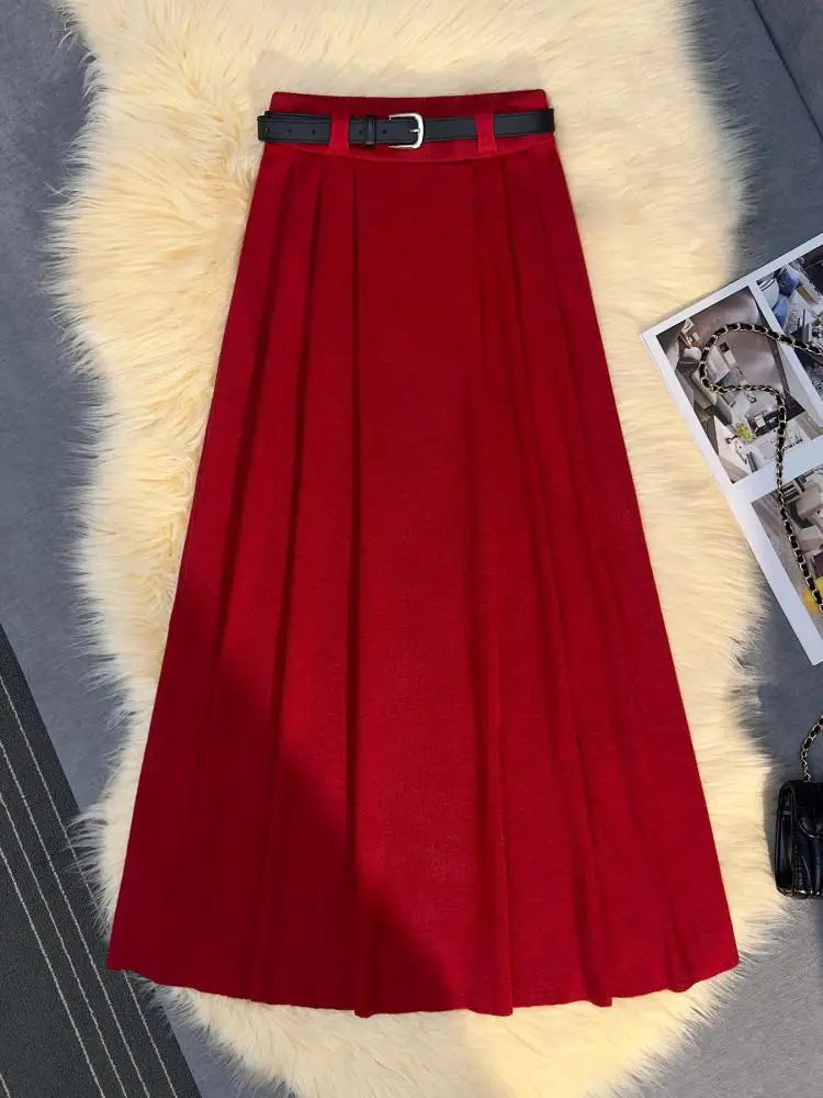 Korean Fashion Vintage Women Solid Elegant High Waist Party Long Skirts 2024 Autumn Winter A-line Pleated Knit Skirt Streetwear