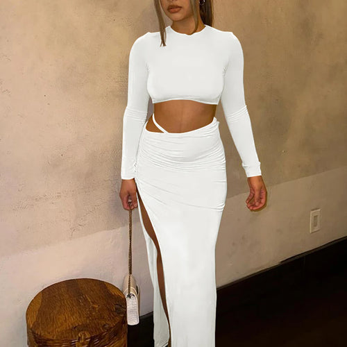 Load image into Gallery viewer, Women Fashion 2 Pcs Sets Long Sleeve Sexy Slim Crop T-Shirt Slit Ruched Maxi Skirt Fall Outfits Birthday Party Festival
