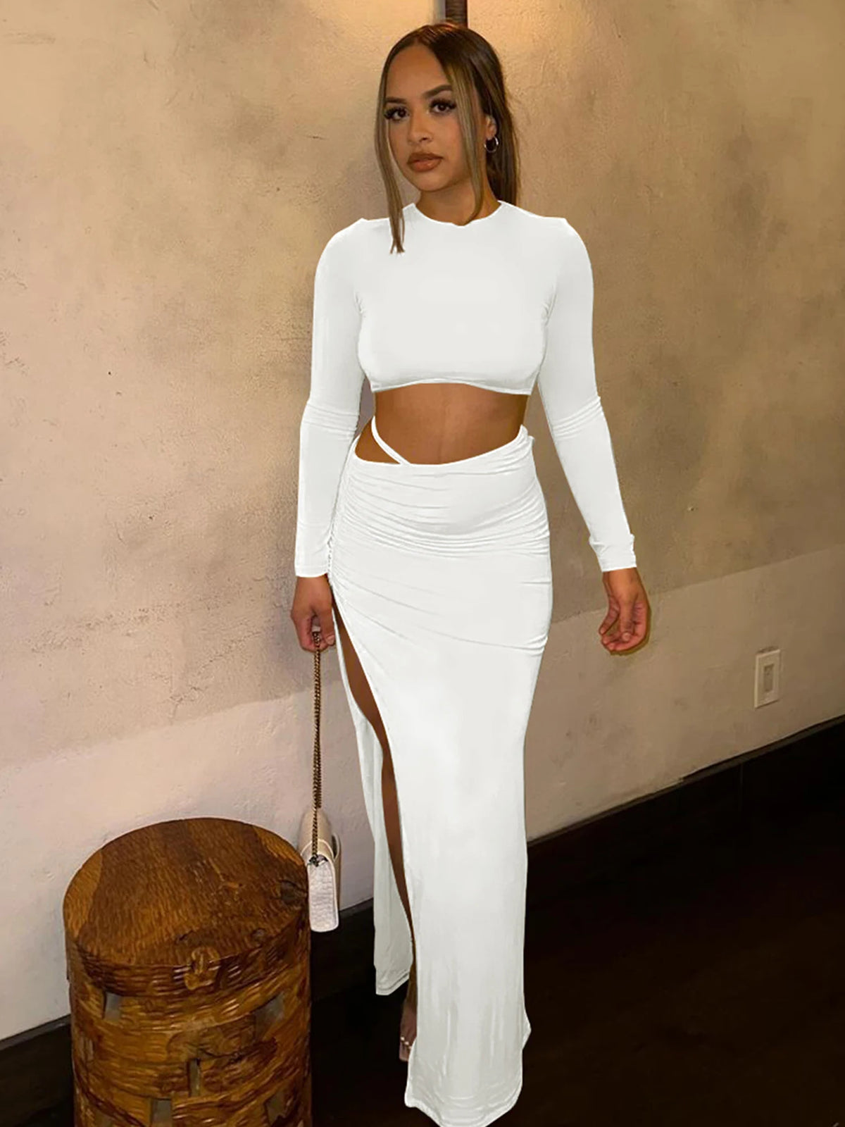 Women Fashion 2 Pcs Sets Long Sleeve Sexy Slim Crop T-Shirt Slit Ruched Maxi Skirt Fall Outfits Birthday Party Festival