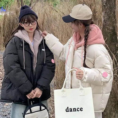 Load image into Gallery viewer, Women Autumn Winter New Beige Patchwork Long Sleeve Short Down Cotton Jacket Black Hooded Warm Elegant Coat Casual Thick Clothes
