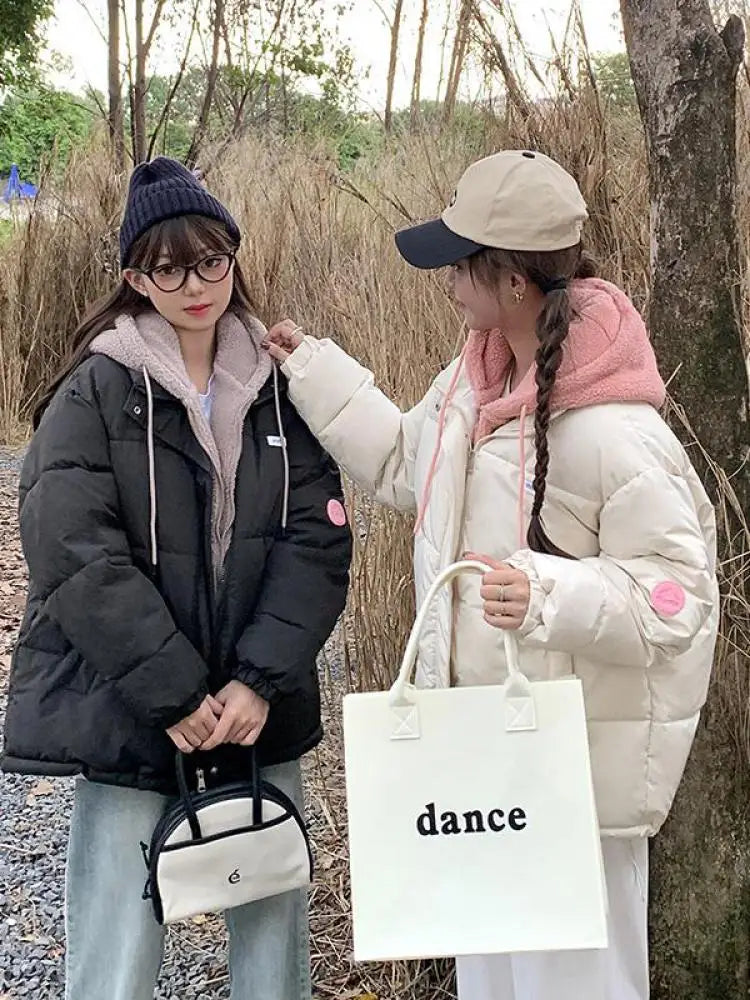 Women Autumn Winter New Beige Patchwork Long Sleeve Short Down Cotton Jacket Black Hooded Warm Elegant Coat Casual Thick Clothes