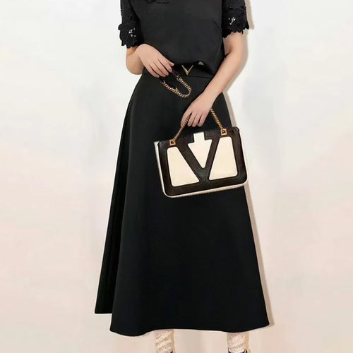 Load image into Gallery viewer, Solid Two Piece Set For Women O Neck Short Sleeve T Shirt High Waist Temperament Skirt Elegant Sets Female Style
