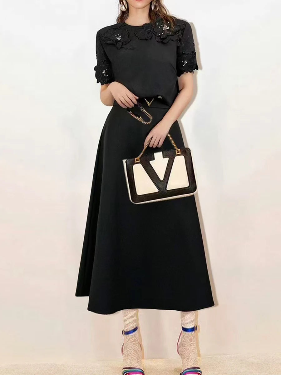 Solid Two Piece Set For Women O Neck Short Sleeve T Shirt High Waist Temperament Skirt Elegant Sets Female Style