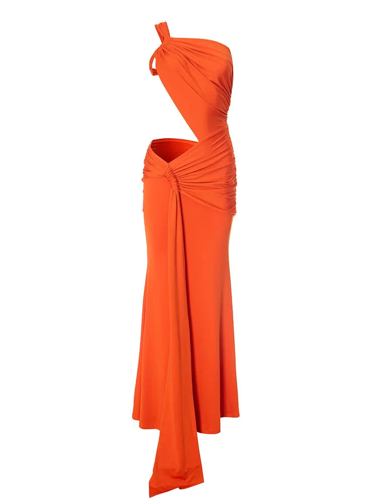 Irregular Ruched Sexy Maxi Dress For Women Gown Hollow Out One Shoulder Sleevelessdraped Bodycon Club Party Long Dress