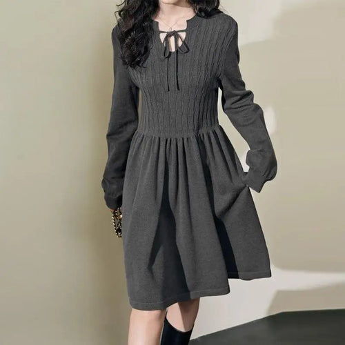 Load image into Gallery viewer, French Vintage Fashion Women Grey Festival Long Sleeved Lace-up Midi Dress Spring High Waist Pleated Knitted Dress Popular Trend
