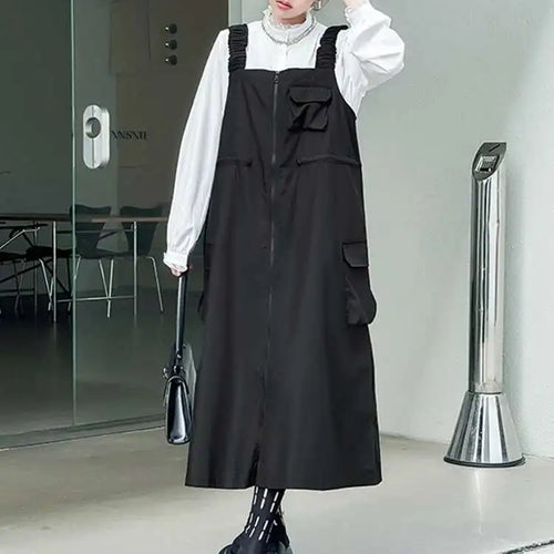 Load image into Gallery viewer, Women Black Pockets Drawstring Big Size Strap Dress New Square Collar Sleeveless Fashion Tide Spring Autumn 2025 1DH9934
