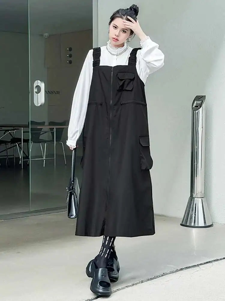 Women Black Pockets Drawstring Big Size Strap Dress New Square Collar Sleeveless Fashion Tide Spring Autumn 2025 1DH9934