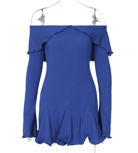 Ribbed Solid Slash Neck Long Flare Sleeve Patchwork Ruffles Sexy Mini Dress Fall Women Elegant Outfit Birthday Party