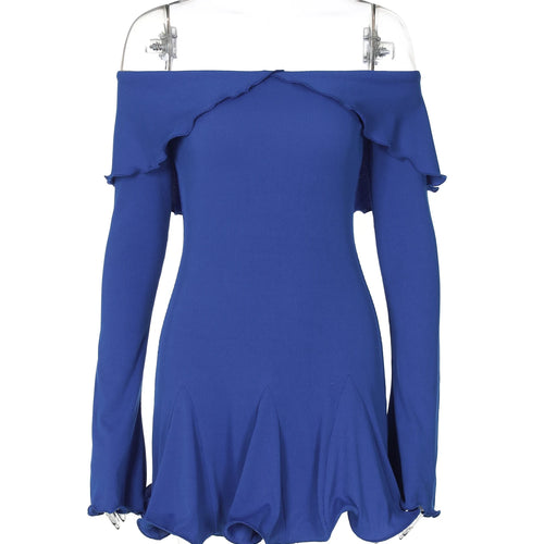 Load image into Gallery viewer, Ribbed Solid Slash Neck Long Flare Sleeve Patchwork Ruffles Sexy Mini Dress Fall Women Elegant Outfit Birthday Party
