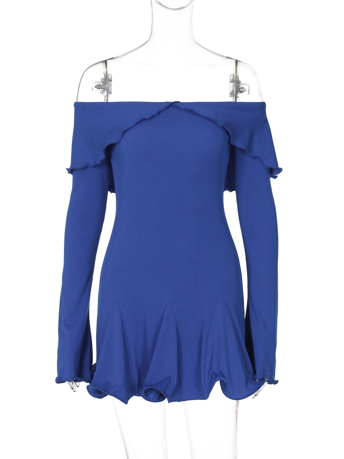 Ribbed Solid Slash Neck Long Flare Sleeve Patchwork Ruffles Sexy Mini Dress Fall Women Elegant Outfit Birthday Party