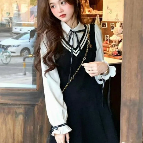 Load image into Gallery viewer, Preppy Style School Dress Polo Korean Fashion Kawaii Student Fake Two Pieces Mini Short Dresses Autumn Chic
