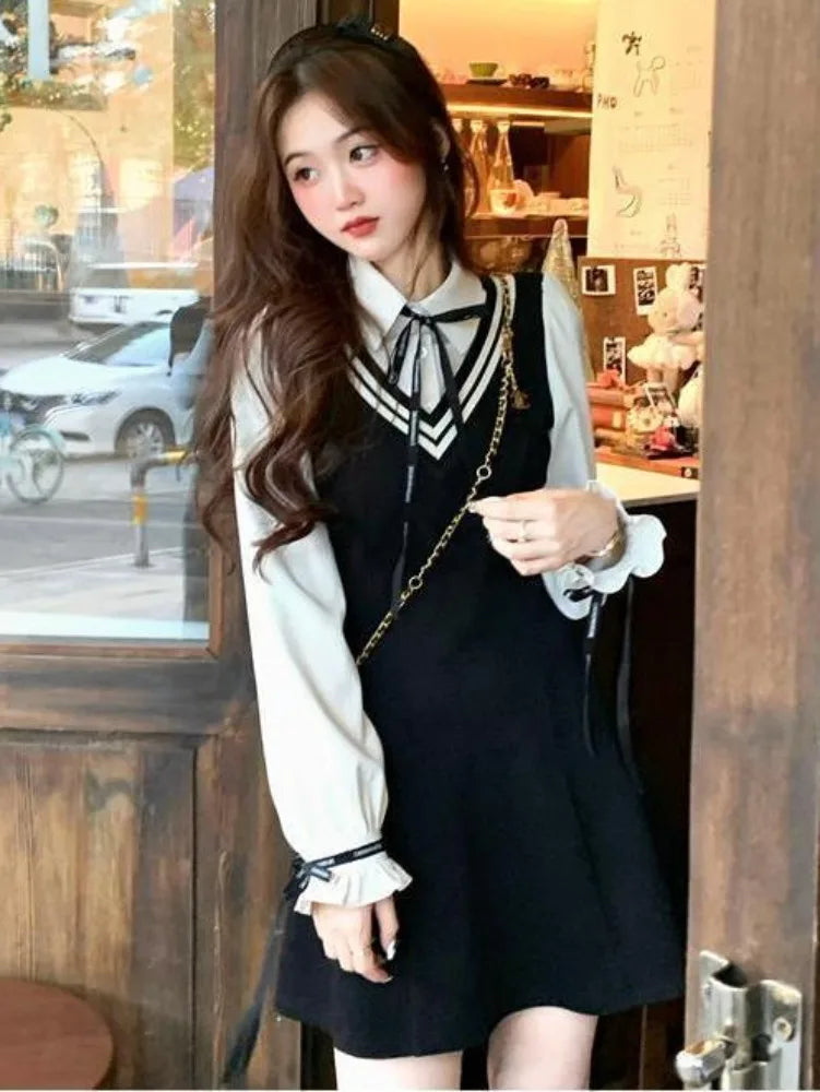 Preppy Style School Dress Polo Korean Fashion Kawaii Student Fake Two Pieces Mini Short Dresses Autumn Chic