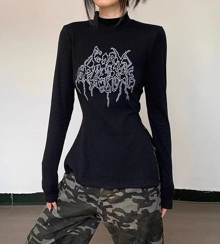 Print Half High Collar Tshirts Women's Clothing Long Sleeve Tunic Black Tees Y2k Tops Casual Fashion Camisetas Korean T-shirt