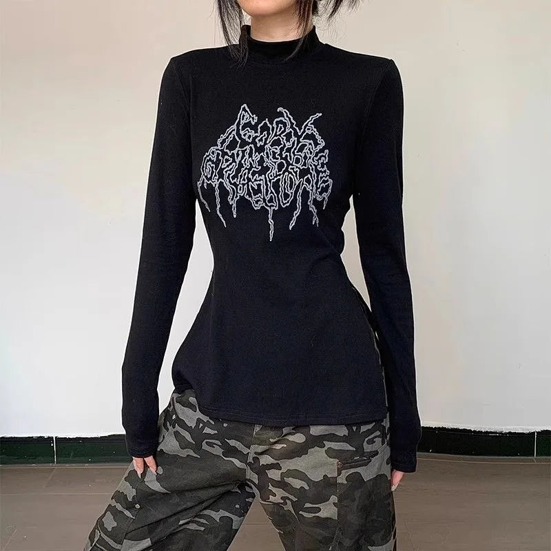 Print Half High Collar Tshirts Women's Clothing Long Sleeve Tunic Black Tees Y2k Tops Casual Fashion Camisetas Korean T-shirt