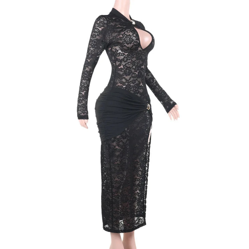 Lace Hollow Out Sexy Maxi Dress For Women Fashion Long Sleeve Thigh High Split Bodycon Club Evening Long Dress Elegant